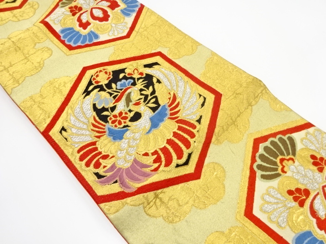 アンティーク　亀甲に桐・花喰い鳥模様織り出し袋帯（着用可）